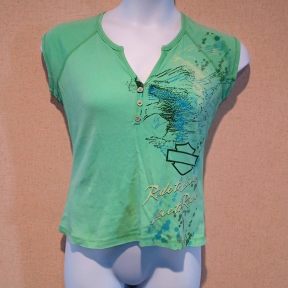 Vintage 2006 Harley-Davidson Light Green Graphic Tee - Picture 1 of 4